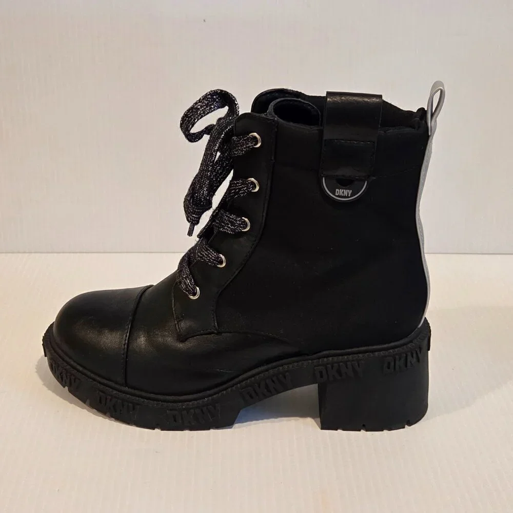 DKNY Girls Haley Block Heel Combat Military Black Boots Size 3 Chunky Heel
